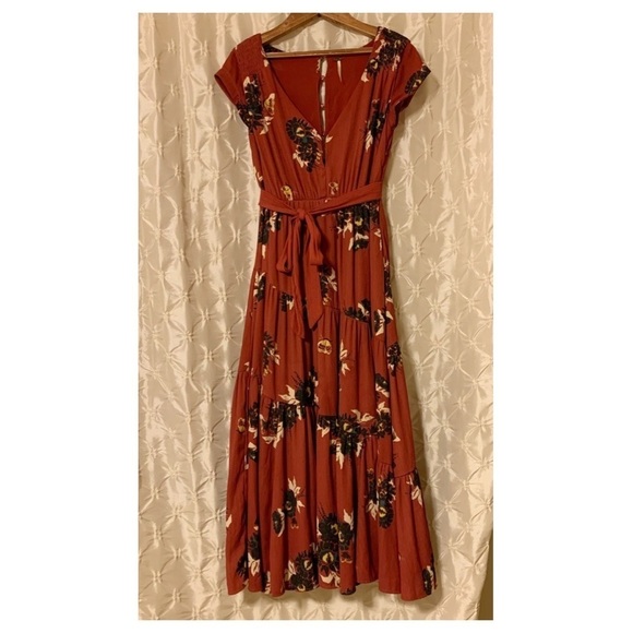 Free People “All I Got” Floral Tiered Pleated Maxi Dress Rust Red - Picture 4 of 16